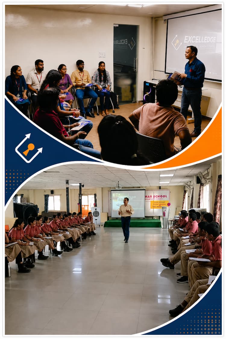 Excelledge trainers facilitating sessions with corporate professionals and school students